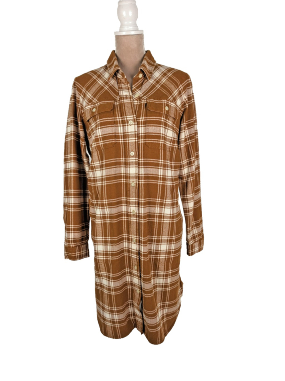 Duluth Trading Flannel Shirt Dress Medium Orange Rust Plaid Cabincore Cozy